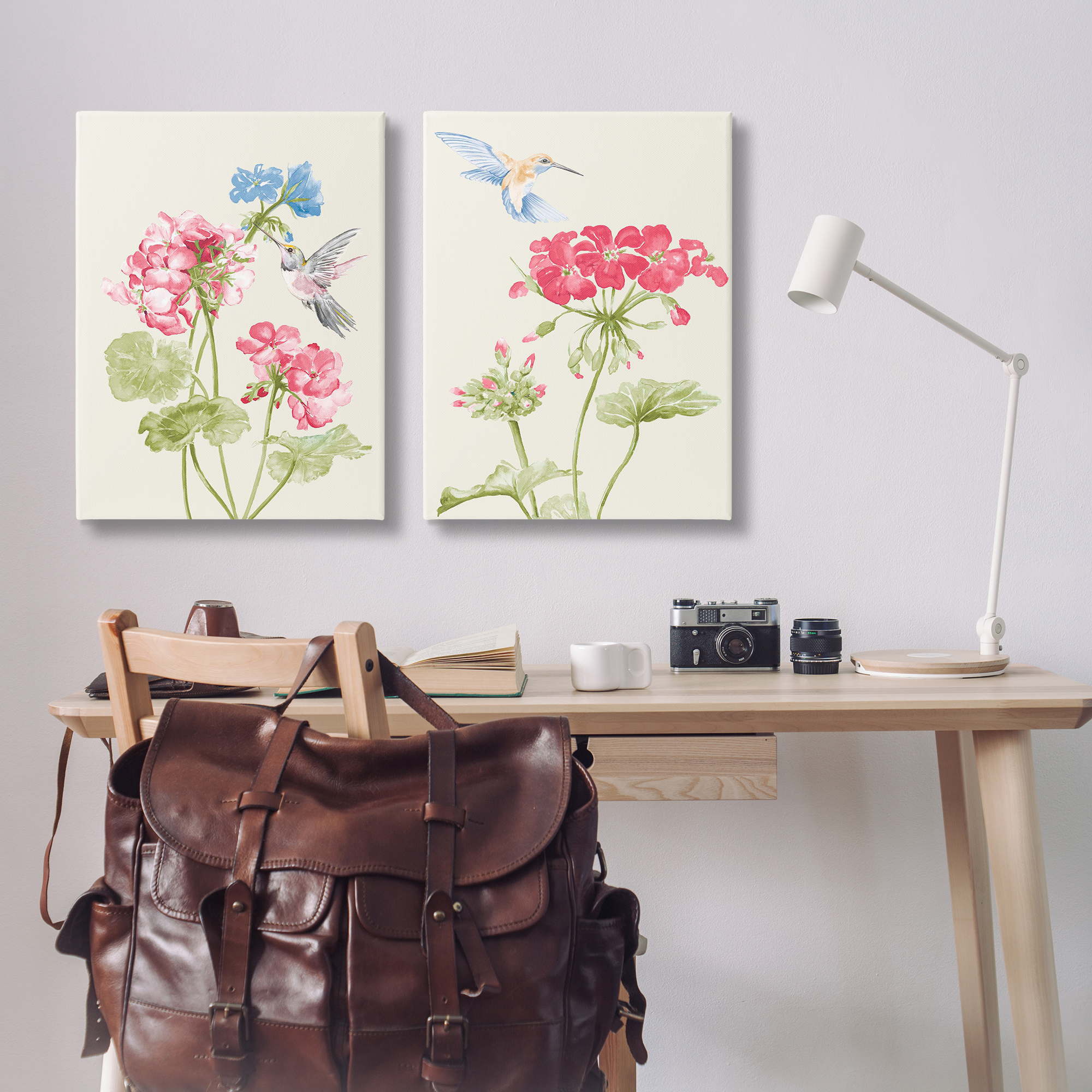 Stupell Industries Pink Geranium Hummingbirds Plants & Flowers Painting Wrapped Canvas Art Print Wall Art, 24 x 36, Set of 2