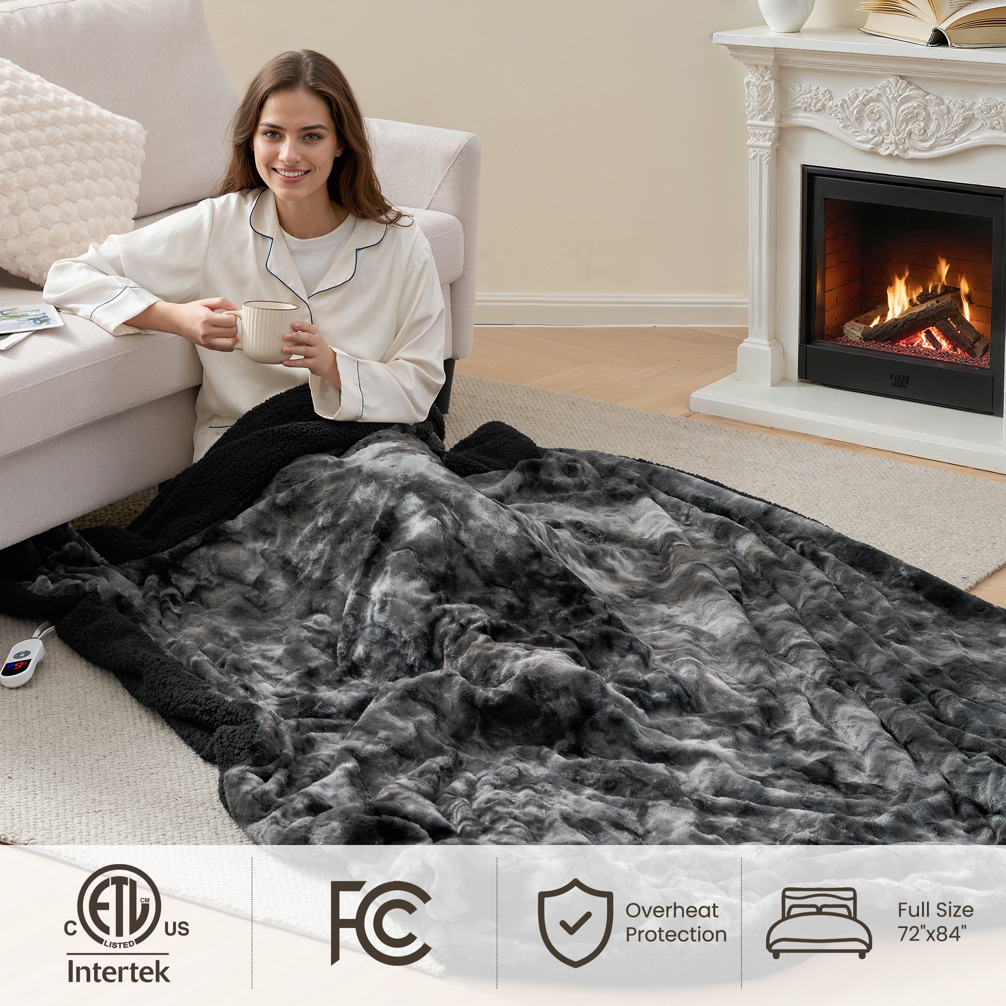 MARNUR Heated Blanket 72x84 Faux Fur Tie-Dye Black photo 5