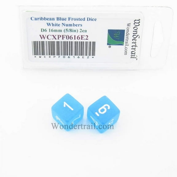 Caribbean Blue Frosted Dice with White Numbers D6 Aprox 16mm (5/8in) Pack of 2 Wondertrail