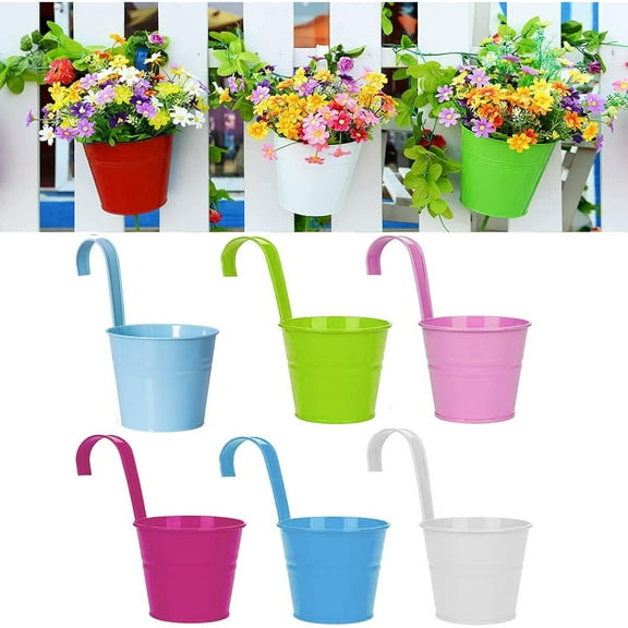 Hanging Planters Outdoor, 4 Inch Colorful Large Metal Flower Pot, Balcony Planters Railing Hanging Herb Garden Iron Hanging Plant Buckets for Fence Rail Deck Porch Outside Wall (6 Color)