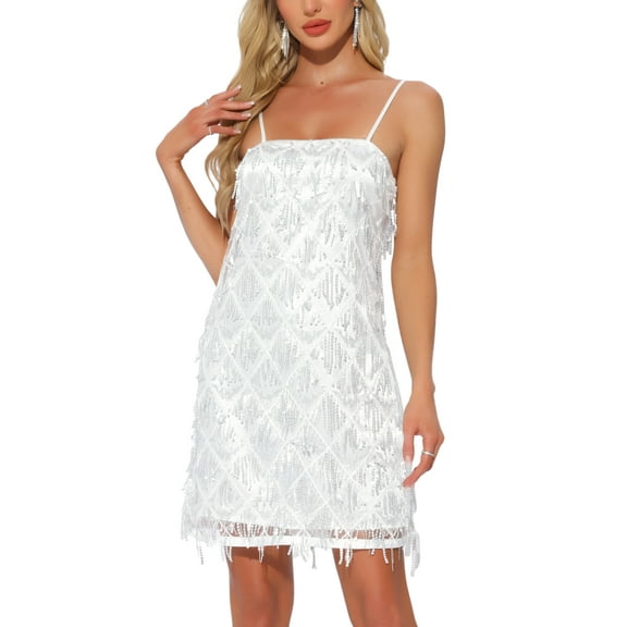 INSPIRE CHIC Women's Dress Sequin Flapper Tassel Fringe Spaghetti Straps Cocktail Party Sparkly Mini Dresses S Silver