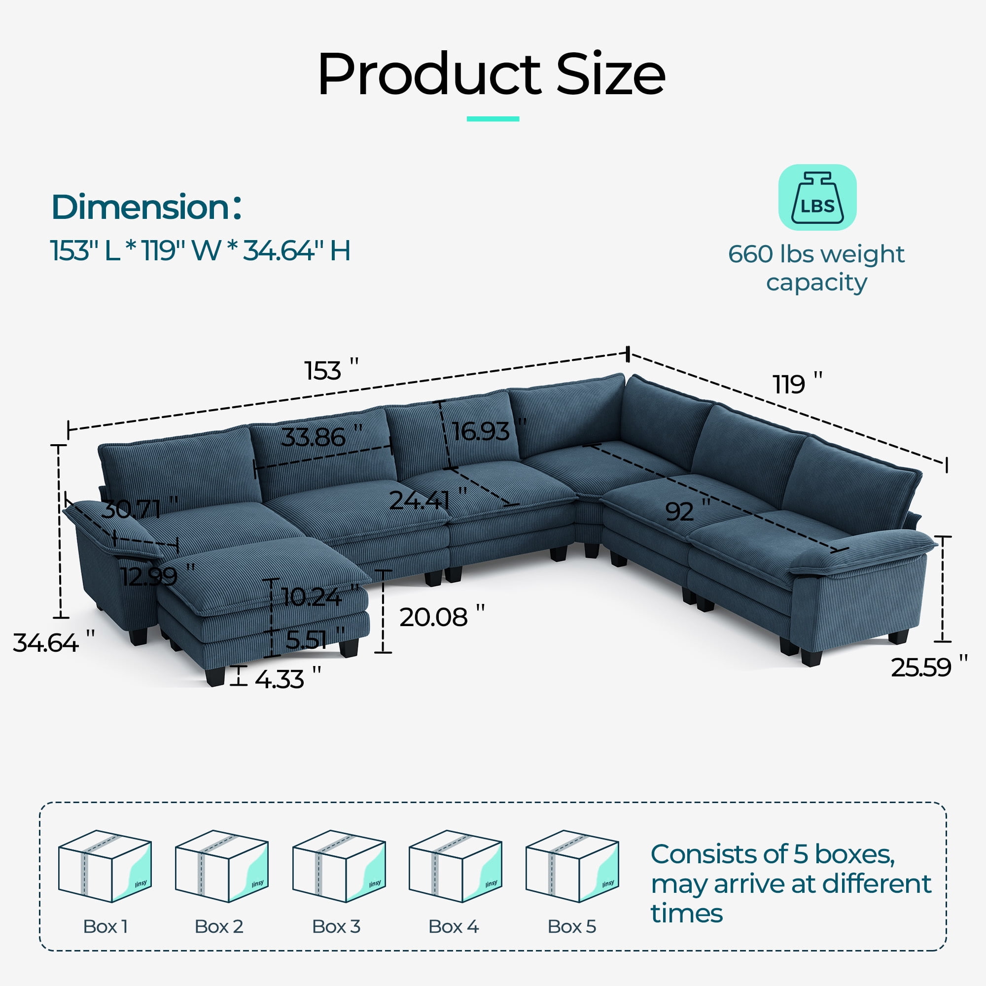 Linsy Home 153" Cloud Modular Sectional Sofa for Living Room, V-Shaped Cloud Sofa Couch with Corduroy Fabric, 5 Seat Oversized Couch with Corner Seat&Movable Ottoman, Blue