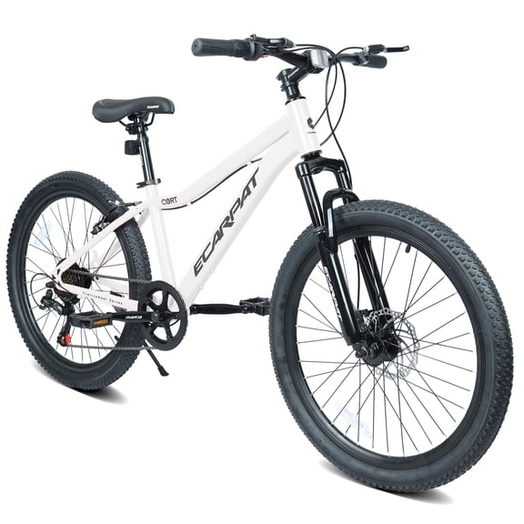 White Youth Mountain Bike with 7 Speed Twist Shifters, Front Suspension, Durable Steel Frame, Alloy Rims, Disc Brake