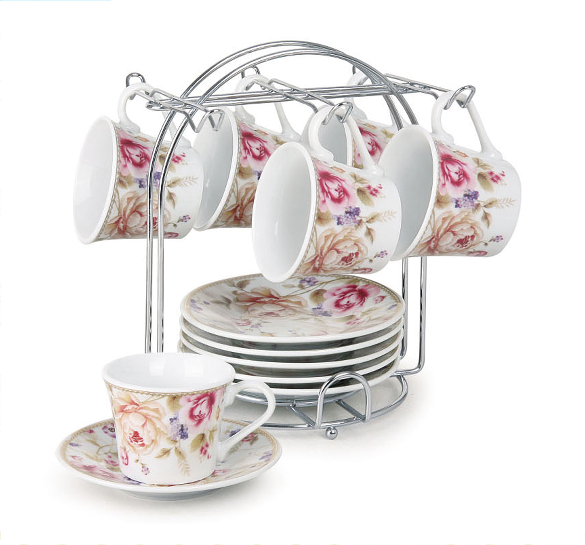 Set of 6 Espresso Porcelain Cups and Saucers Set with Metal Stand - 2oz ...