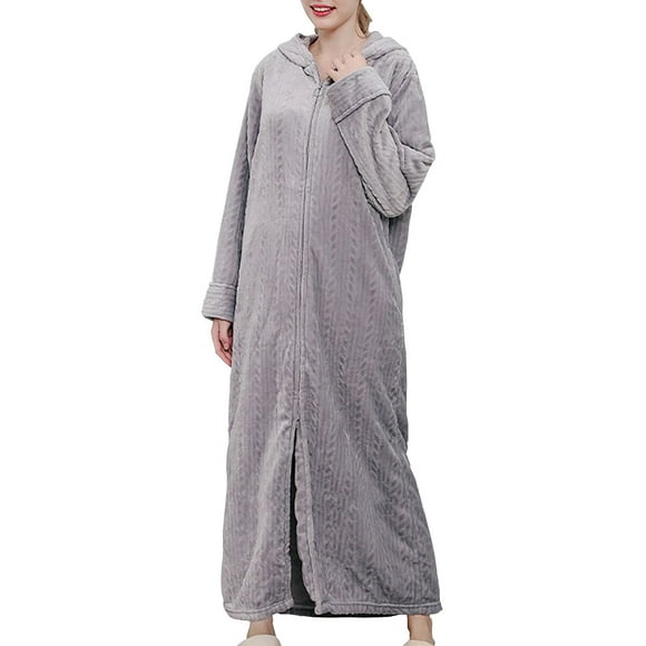 Women's Flannel Hooded Maxi Dress Sleepwear Pajamas Solid Color Spring Long Sleeve Crew Neck Outwear Soft Fleece Nightgown Clearance Trendy Girls Gray XL