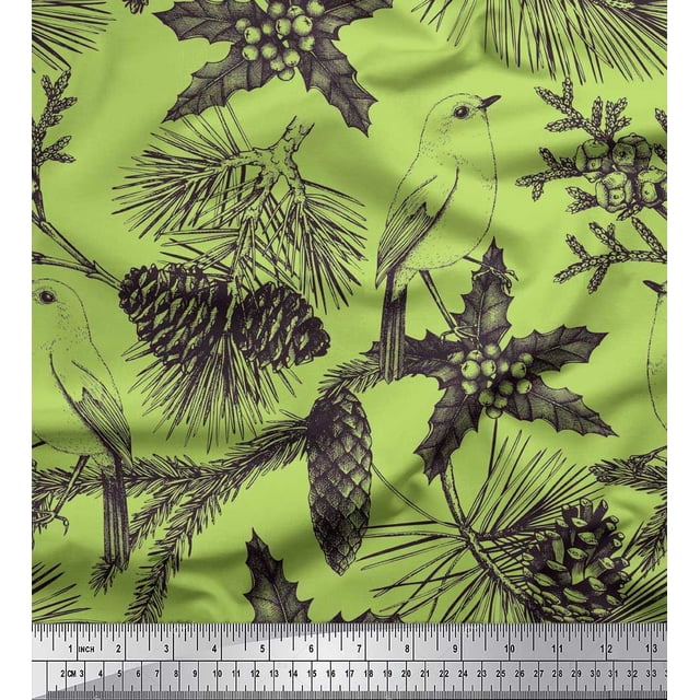 Soimoi Green polyester Georgette Fabric Holly Leaves, & American Robin Bird Decor Fabric Printed BTY 52 Inch Wide