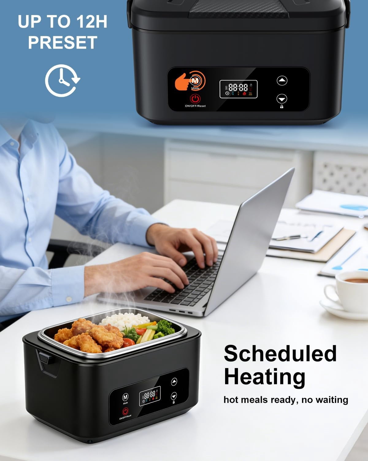 Cordless Electric Lunch Box, 5.1 Cups Heated Lunch Box Battery Powered with Automatic Scheduled Heating for Office, Picnic, Car & Outdoor Use