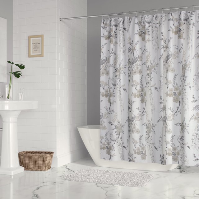 Levtex Home - Pisa - Cortina de ducha (183 x 183 cm) con ojales - Diseño floral contemporáneo de pavo real - Gris y gris topo - Azul, gris topo y crema - Tela de algodón