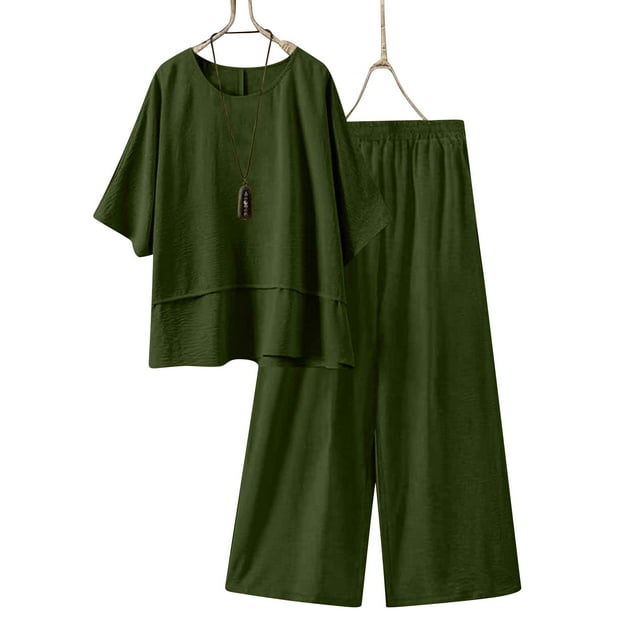 Soki Ensembles 2 Pcs en Lin pour Femmes, Hauts à Manches Courtes, Pantalons à Jambes Larges, Ensembles Décontractés d'Été