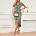thumbnail image 2 of Laqbezok Women's Satin Wrap V-Neck Dress, Sexy Short Puff Sleeve Bodycon Gown, Ruched Asymmetrical Hem Cocktail Party Outfit for Wedding Guest, 2 of 5