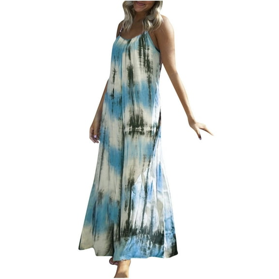 Usmixi Summer Dresses for Women Plus Size Swing Spaghetti Strap Beach Camisole Sun Dresses Sleeveless V-Neck Tie-Dye Maxi Sun Dress Sky Blue M Up to 65% off