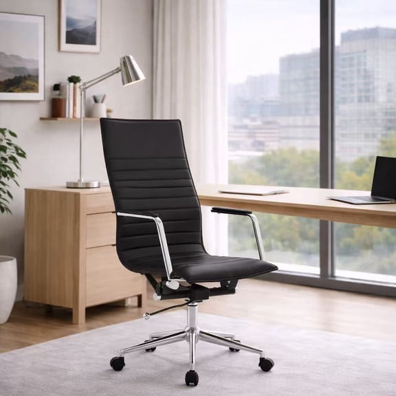 2xhome - Designer Boss PU Leather with Arms wheels Swivel Tilt Adjustable Executive Mid Century Office Chair High Back Ribbed Modern Work Task Computer Desk Chair (Black), Set of 1, 1 piece