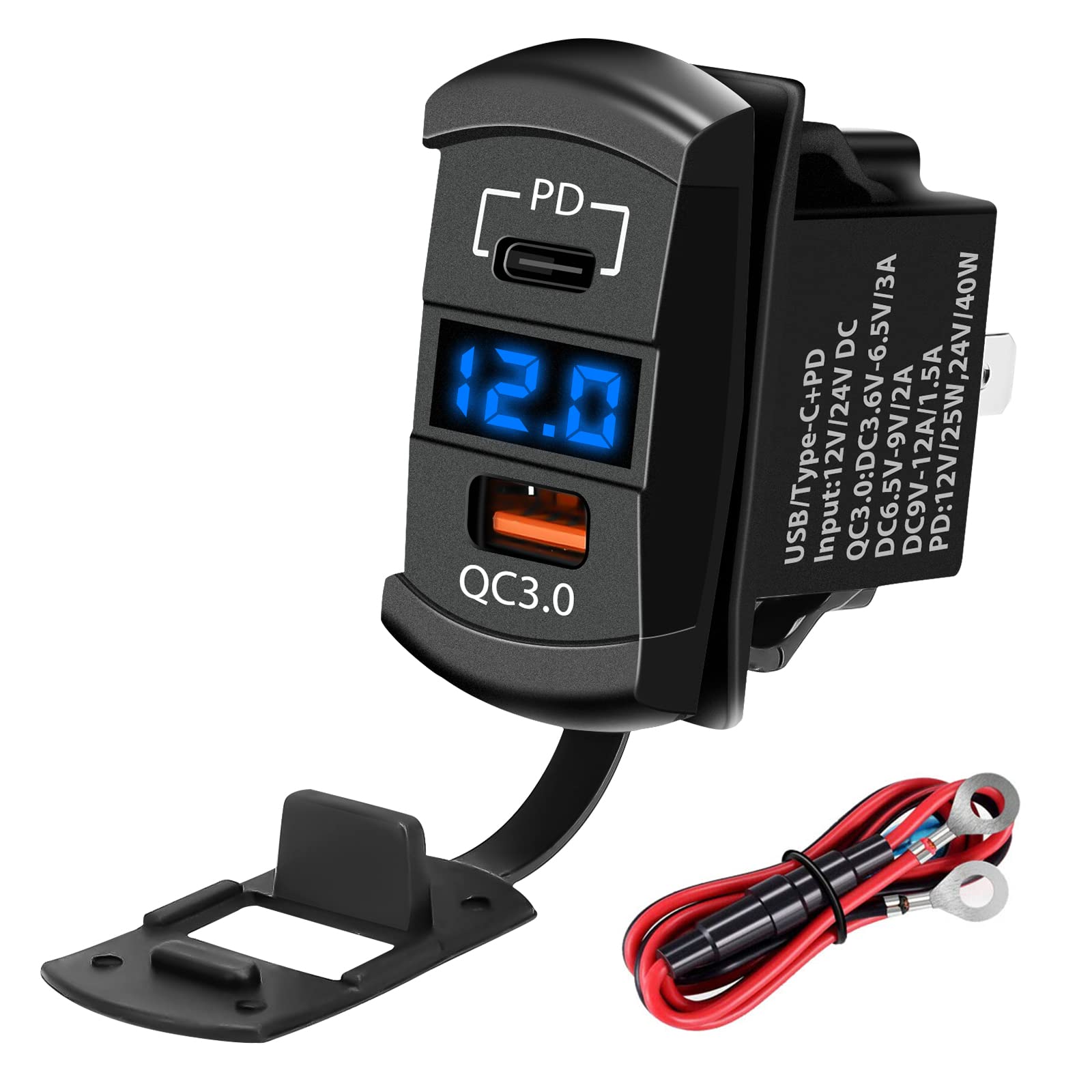 12V USB Outlet, Rocker Switch USB Charger USB C Car Charger and Quick 3