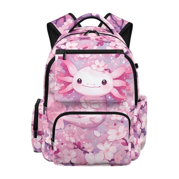 Jeiento Axolotl School Backpack for Girls 6-8 Pink Cherry Blossom Bookbags Primary School Bags with Zipper Pockets Lightweight Large Capacity Rucksack Knapsack 17 Inch
