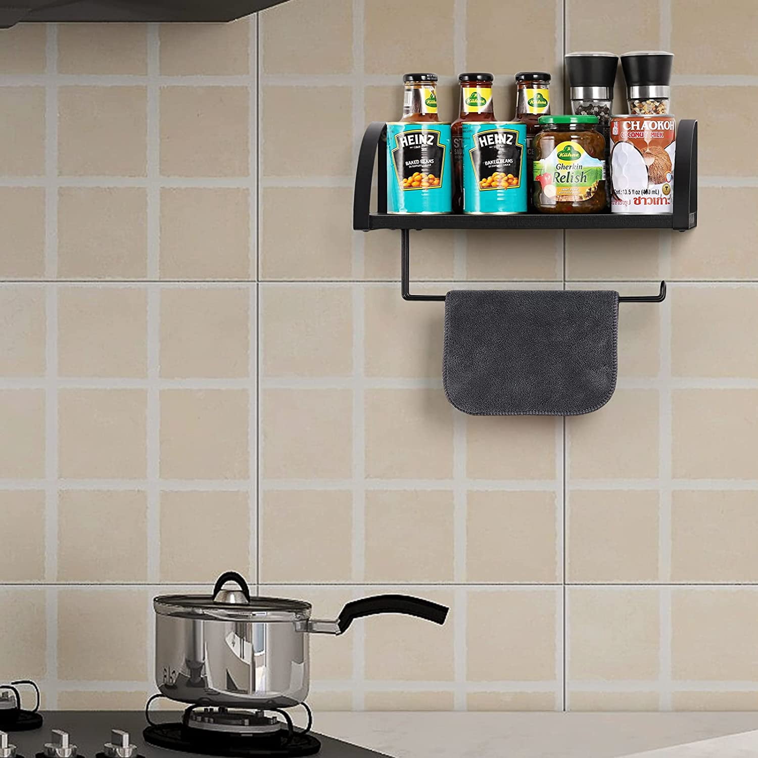 Oumilen Wall Mounted Paper Towel Holder with Wood Shelf, Black