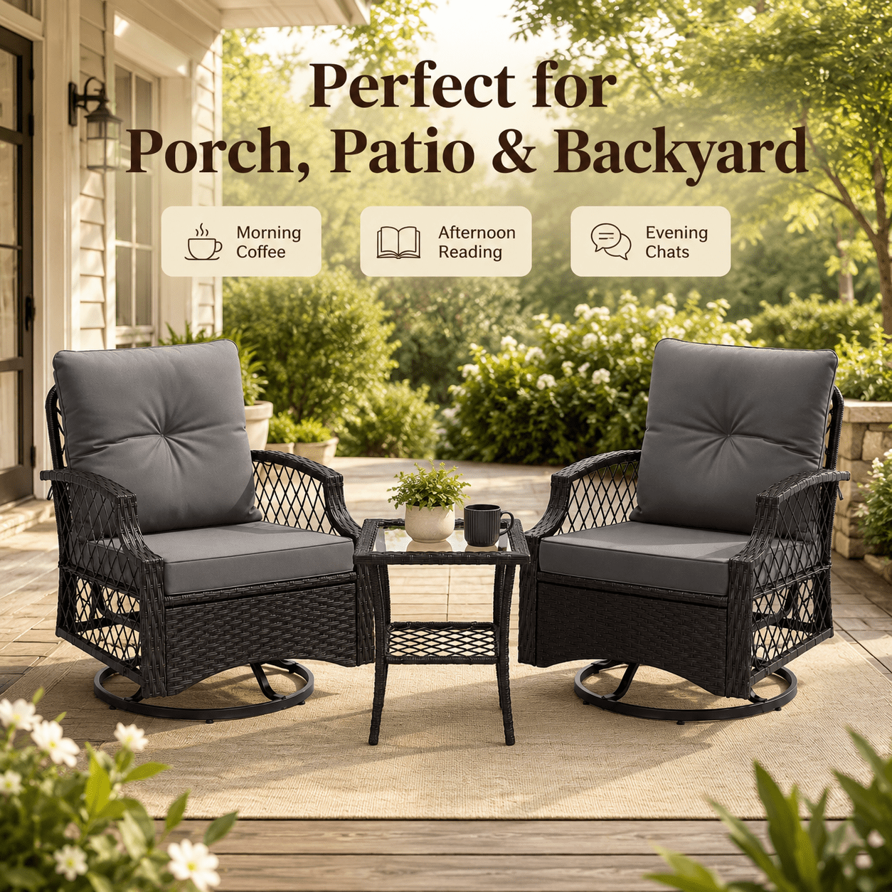 3-Piece Outdoor Swivel Rocking Chairs Set, Weather-Resistant Patio Furniture for Porch Backyard Poolside, with Coffee Table & Thick Cushions, Easy Assembly, Wicker 360° Swivel Rocker Bistro Set