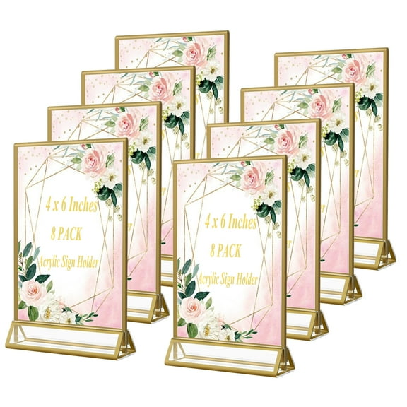 EKINIYAR Gold Acrylic Sign Holder 4X6 inch, 8 Pack Wedding Table Number Frames Vertical , Double Sided Display Gold Picture Frame, Clear Menu Holders for Wedding Reception, Party Decoration