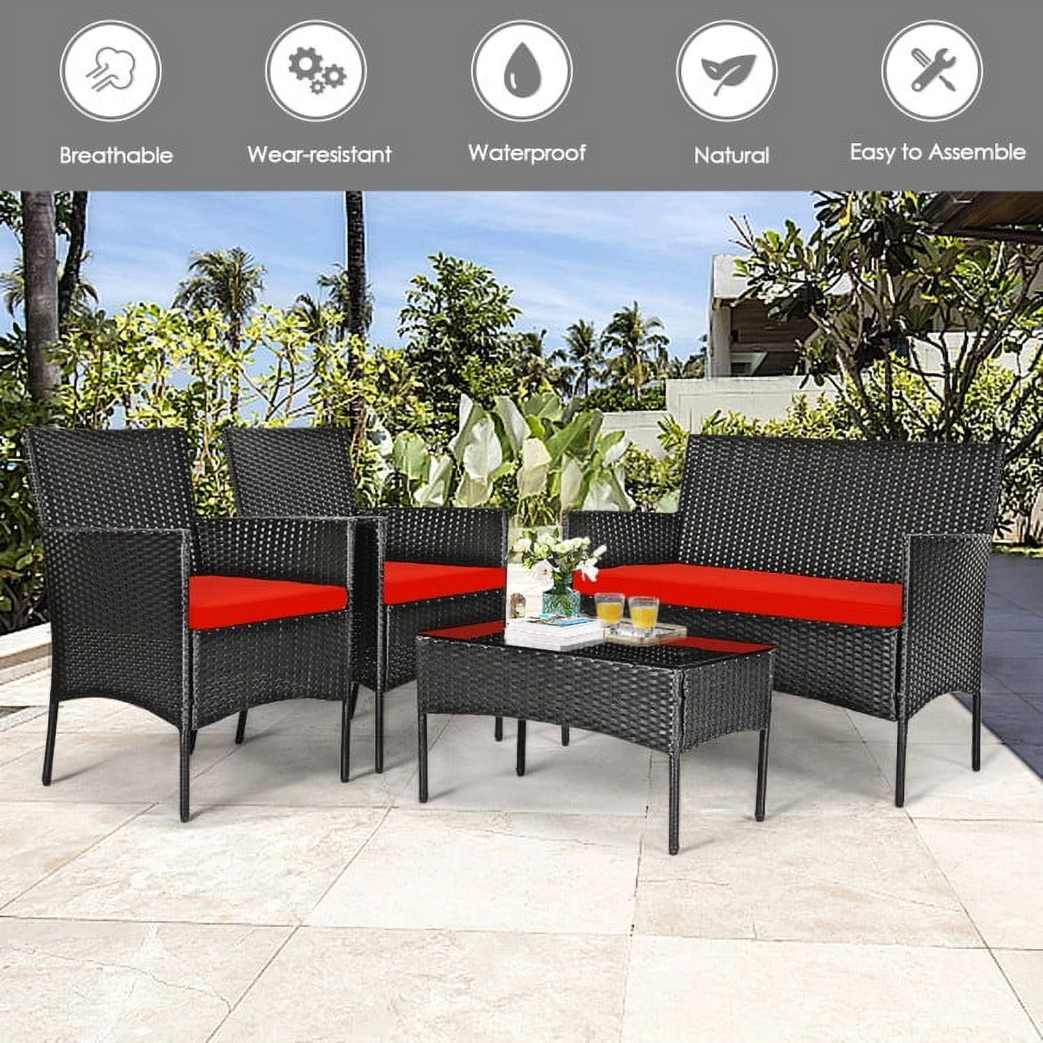 Aimee Lii 4 Pcs Patio Wicker Furniture Set, Cushioned Sofa Furniture, Small Patio Set, Red Aimee Lii 4 Pcs Patio Wicker Furniture Set, Cushioned Sofa Furniture, Small Patio Set, Red