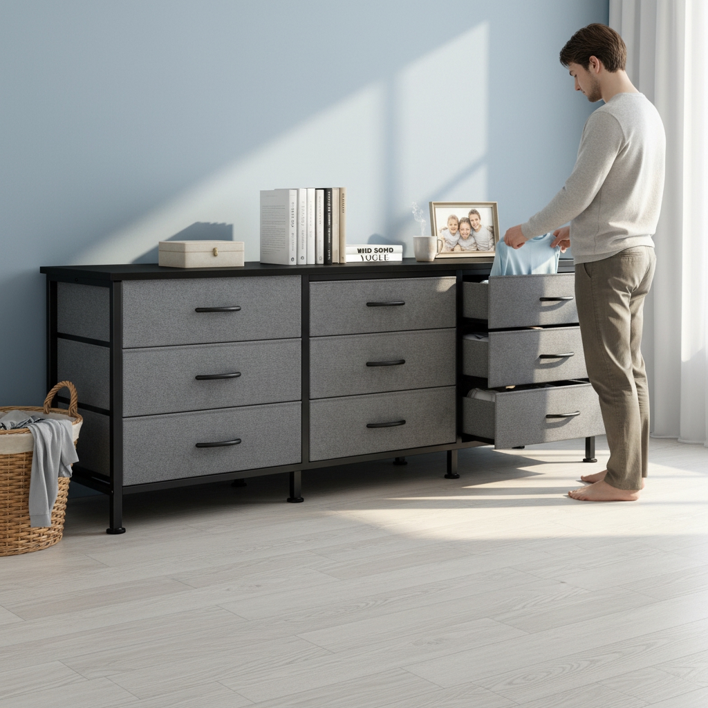 CONCETTA 9 Drawer Storage TV Dresser, Metal Frames Resist Deformation, Adjustable Feet Prevent Tipping, Accommodates TV Up to 75 inch, Suitable for Living Room,Gray