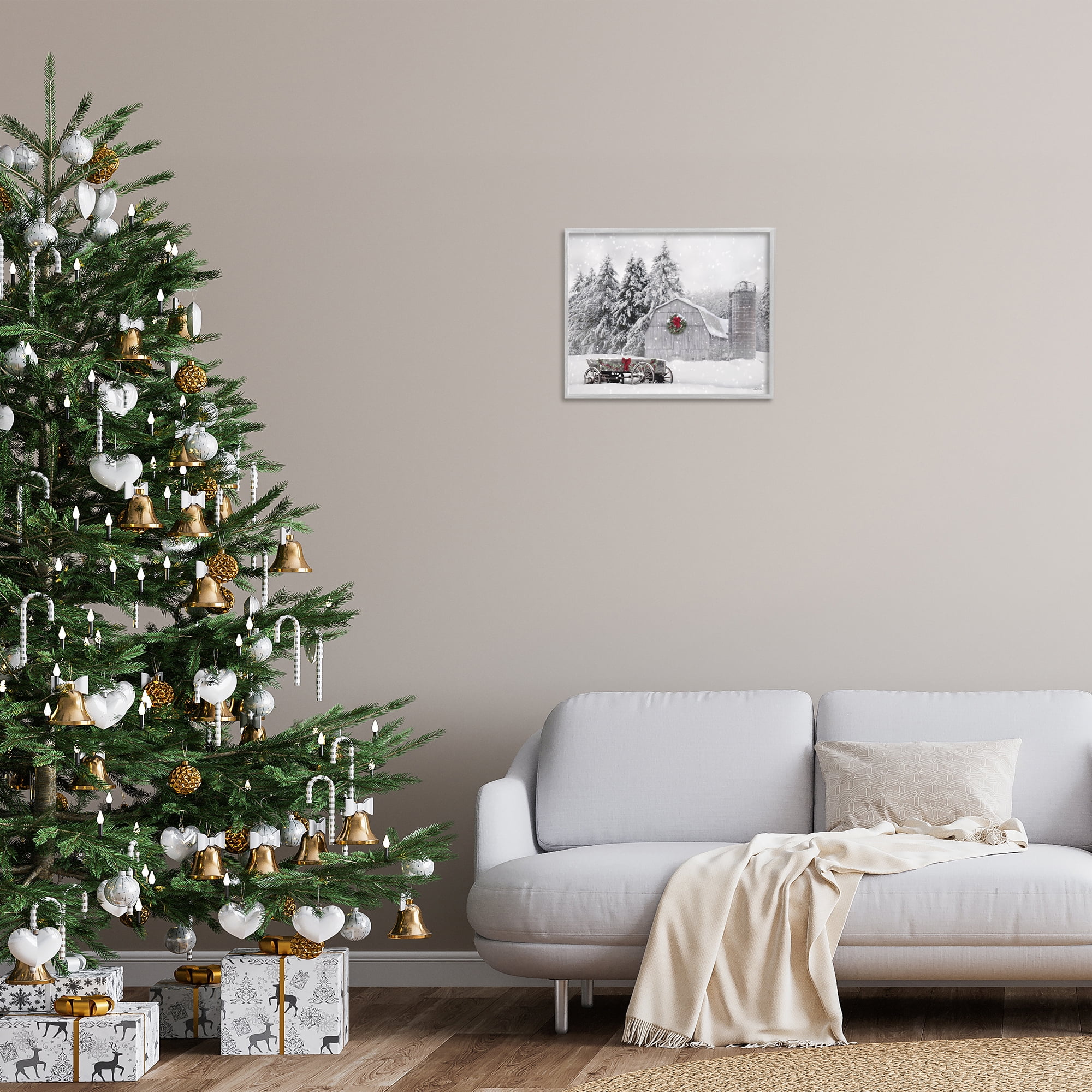 Stupell Industries Snow Covered Farmland Holiday Painting Gray Framed Art Prints Wall Art, 20 x 16