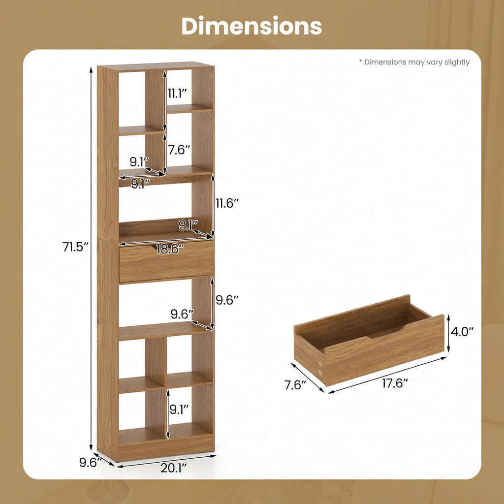 GVN 71inch Tall Freestanding Bookcase 10-Cube Storage Organizer with Drawer Multi-Use Open Shelves for Home Office Study Living Room Books Decor Display, Natural