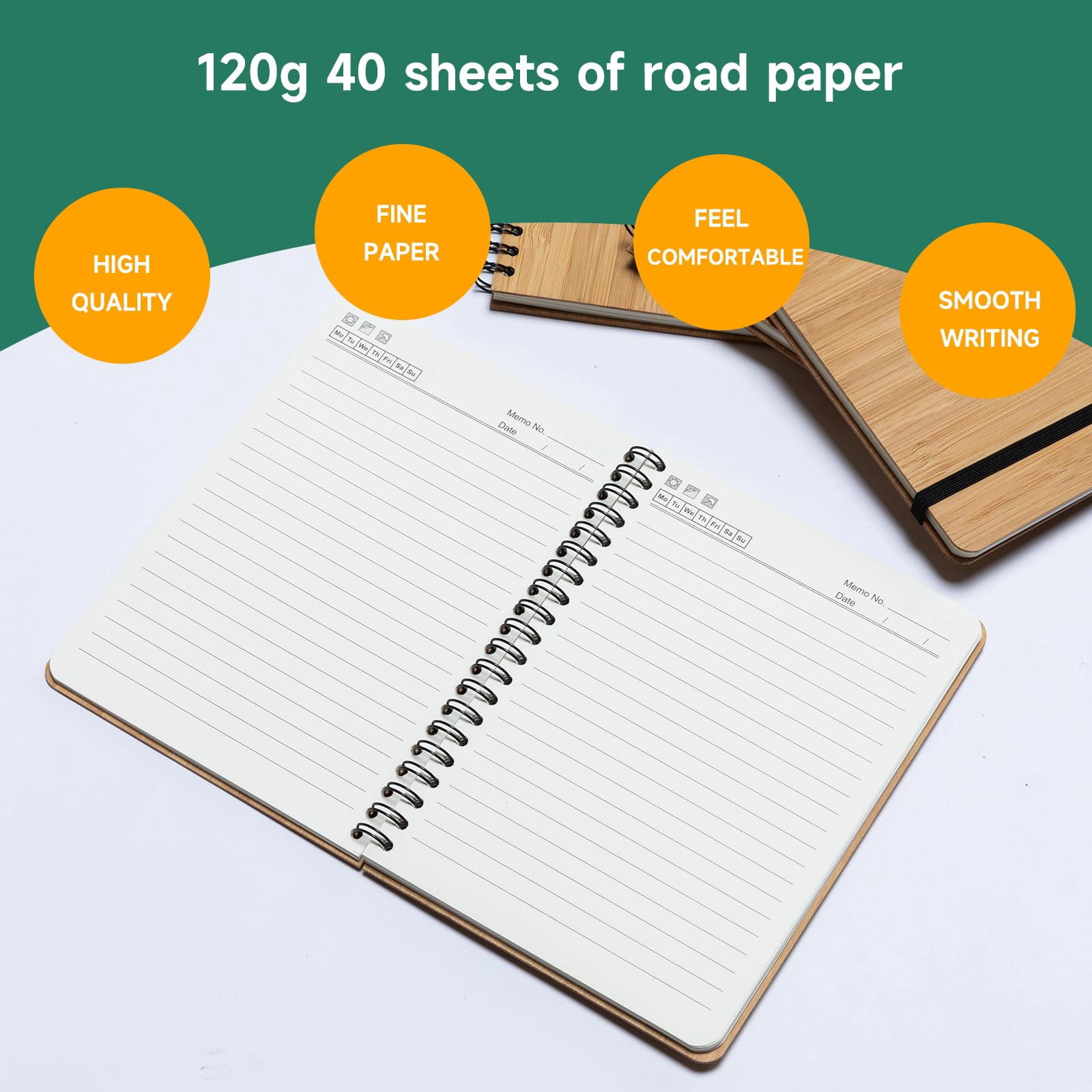 4 Packs Lined Bamboo Notebook Journals  Wooden Notebooks 80 Pages 5" * 7" Hardcover College Thick Paper Journaling For Work Women Men School