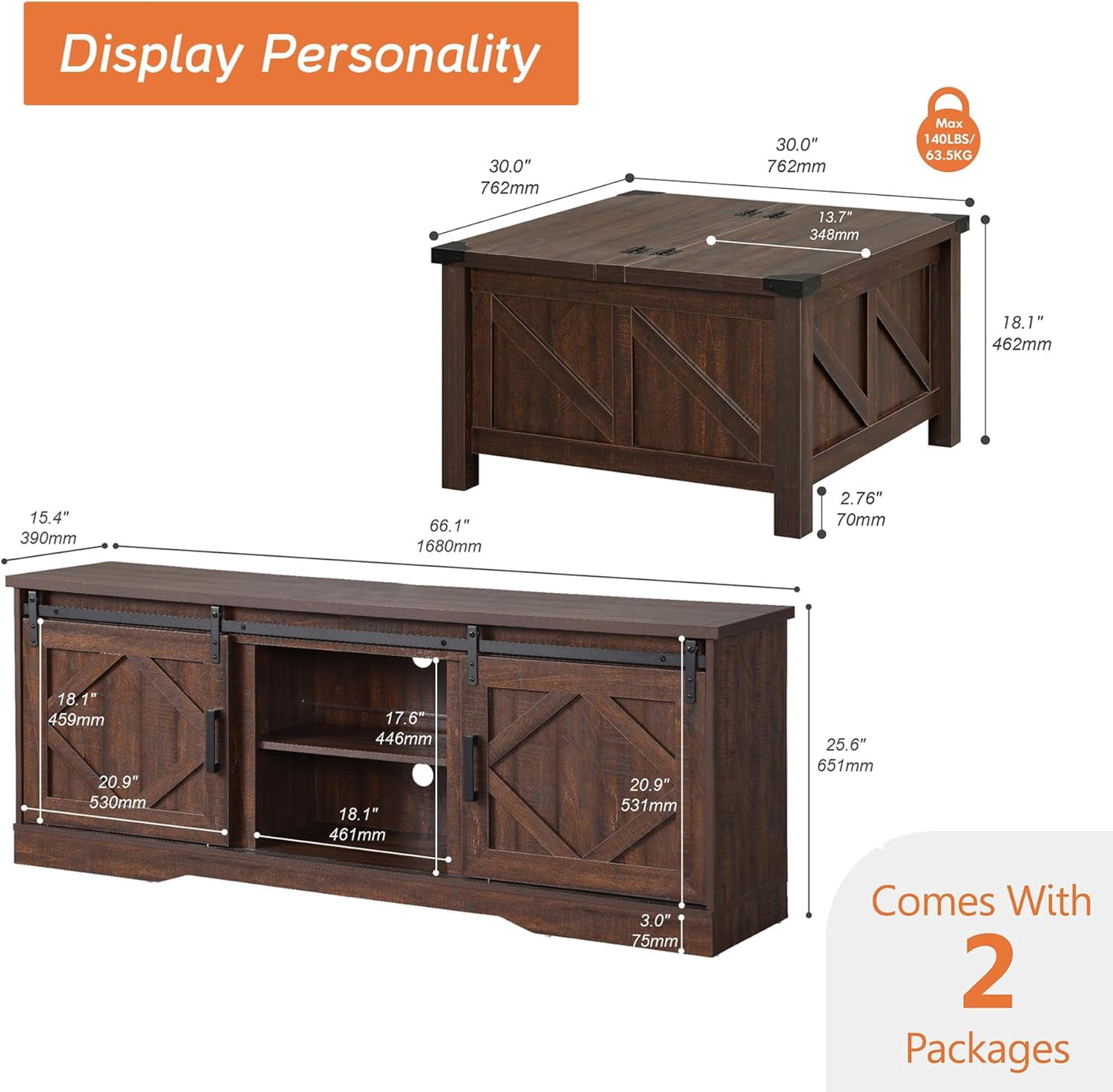 WAMPAT Farmhouse 75 in TV Stand and Coffee Table Set, Entertainment Center for TVs Up to 75", 30" Square Wood Center Table with Gas Spring Flip-Top for Living Room,Dark Brown