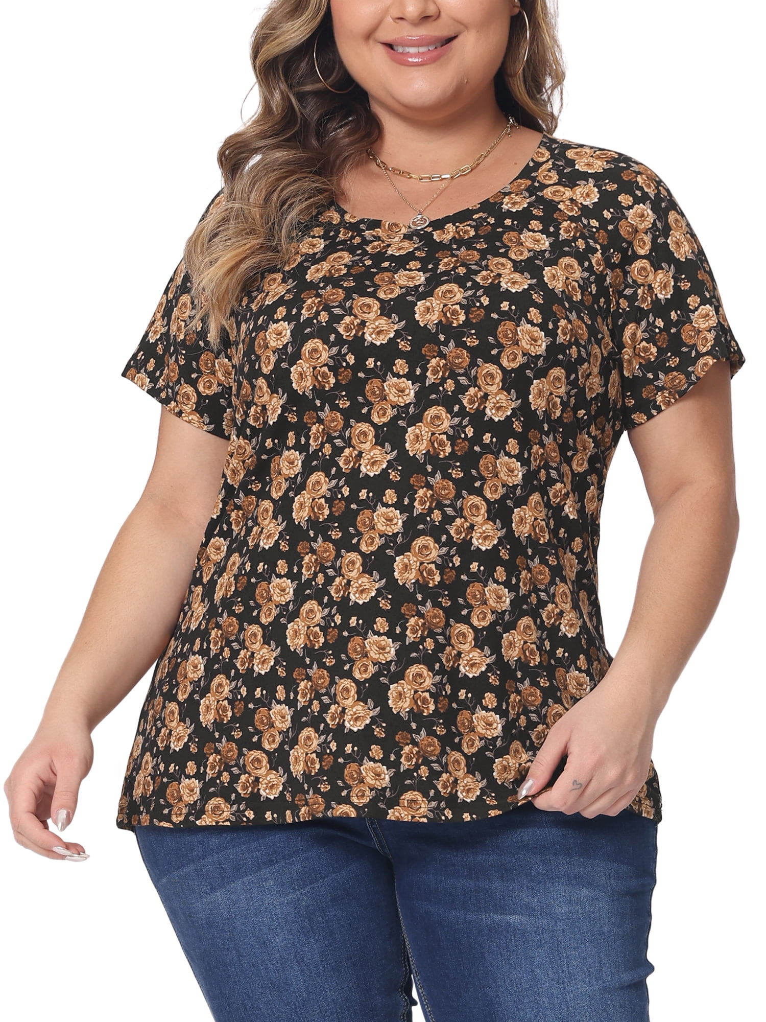 Women's Plus Summer Casual Floral Top Blouse Round Neck Short Sleeve Tee 2X Brown