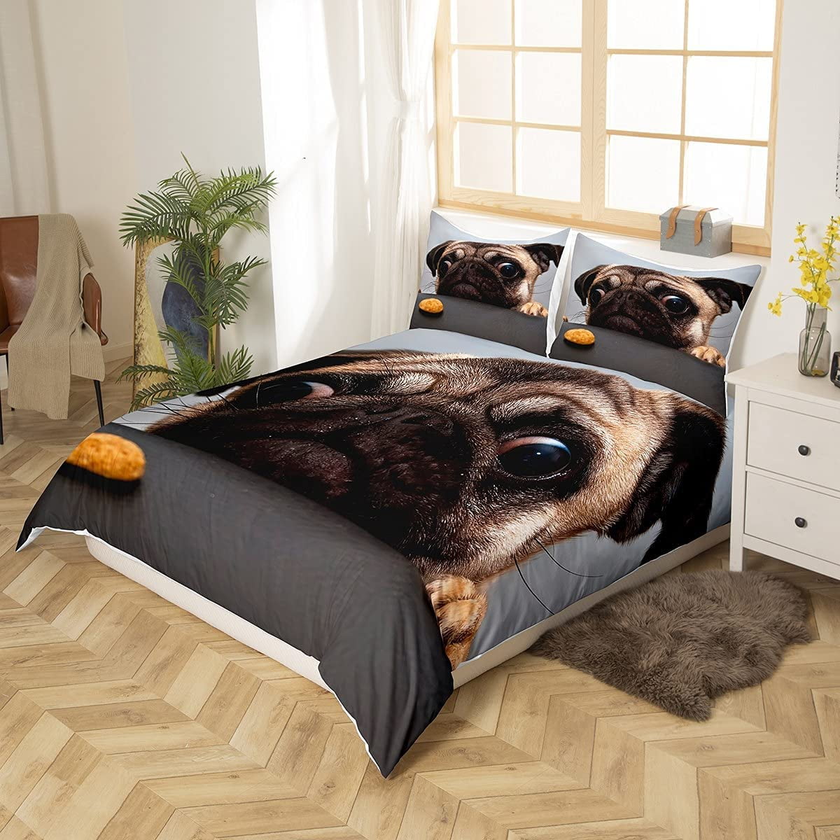 Pug Dog Comforter Cover Set Kawaii Dog Bedding Set Kids Boys Cute Animal Dog Duvet Cover Queen Size for Girls Women Kawaii Room Decor Lovely Puppy Dog Bedspread Cover Soft Microfiber Cartoon