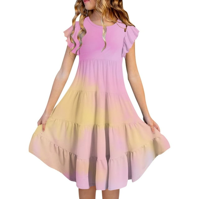 Robes d'Été pour Filles Double Couche Manches Flottantes Robe Fluide Ligne A Décontractée Dégradé Midi