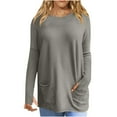 thumbnail image 1 of Bowake Hauts Grande Taille pour Femmes Décontractés Col Rond Manches Longues Chemises Basiques Amples Couleur Unie Blouse de Printemps avec Poches, 1 of 6