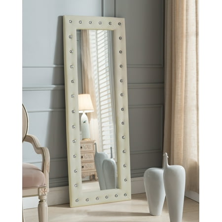 - Jane Floor Standing Mirror, Beige Upholstered Tufted Faux Leather, Transitional, With Crystal Buttons (63