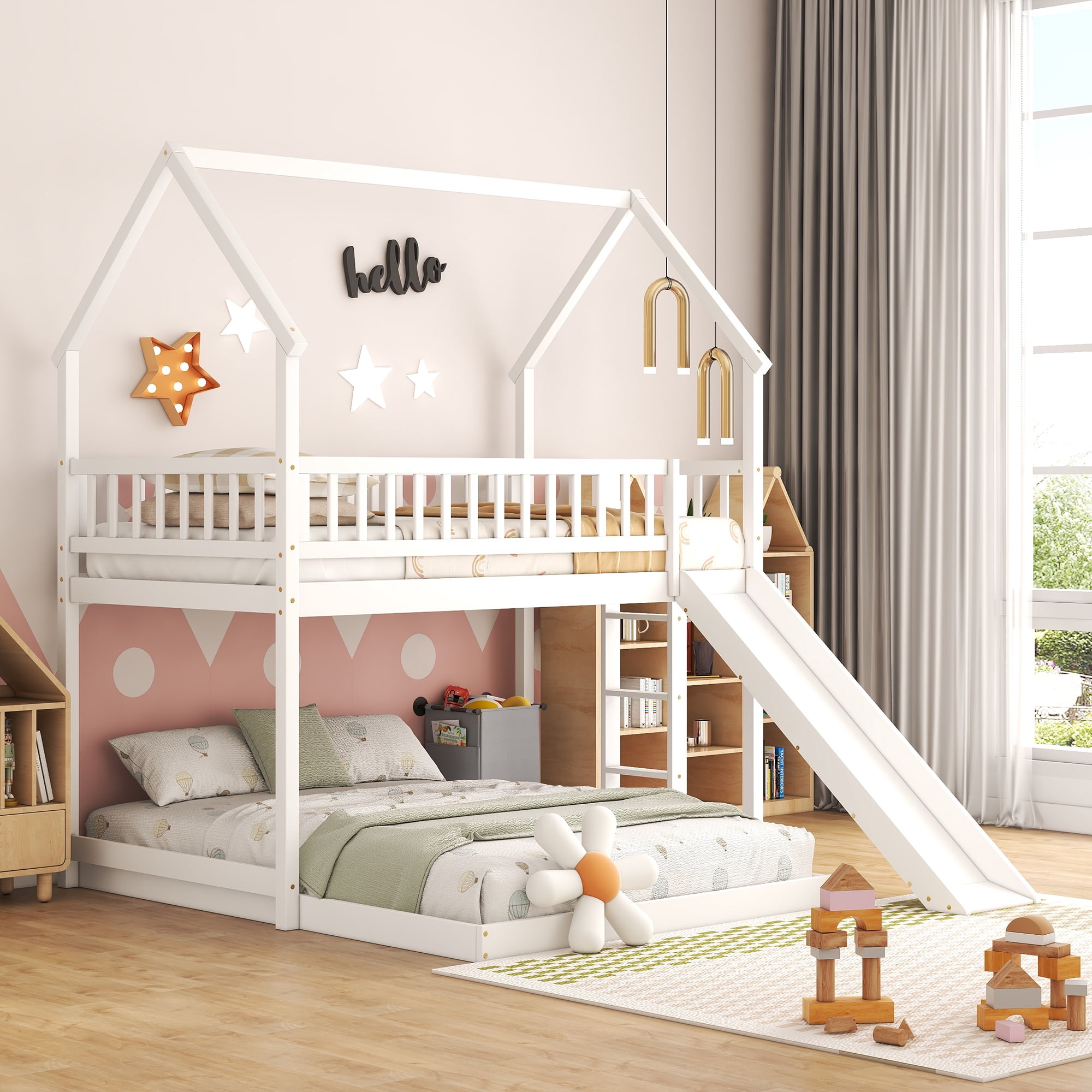 Euroco Wood Twin over Full Bunk Bed, House Bed with Slide for Kids, White