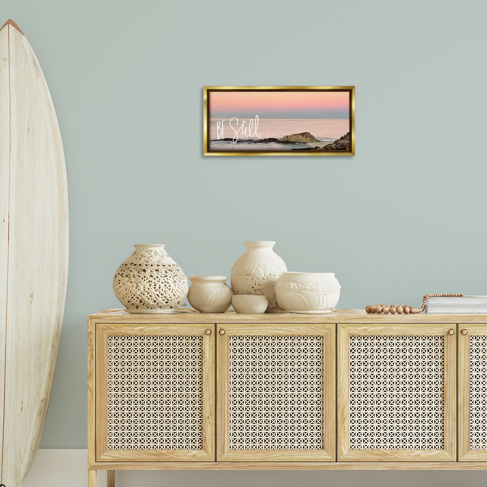 Stupell Industries Be Still Peaceful Beach Landscape Painting Gold Floater Framed Canvas Art Print Wall Art, 25 x 11