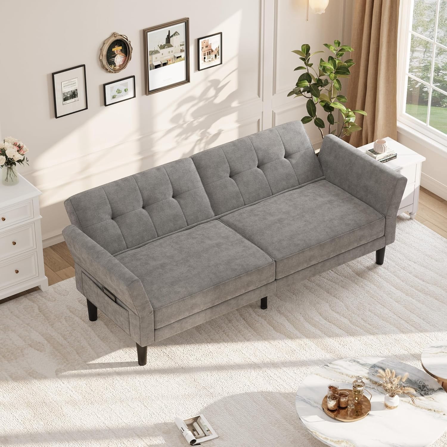 Luku 89" Convertible Futon Sofa Bed, Deep Seat Sleeper Couch with Adjustable Backrest & Armrests