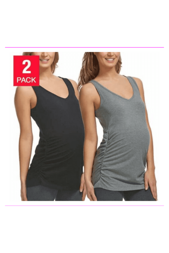 Ladies' 2 Pk, Maternity Tagless Long Length V-neck Tank XL/Black/HTR Gray