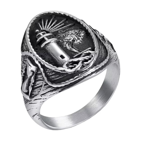 PAMTIER Men's Stainless Steel Vintage Punk Ocean Navigation Lighthouse Lucky Amulet Signet Ring Beacon Light Pirate Adventure Silver Size 7