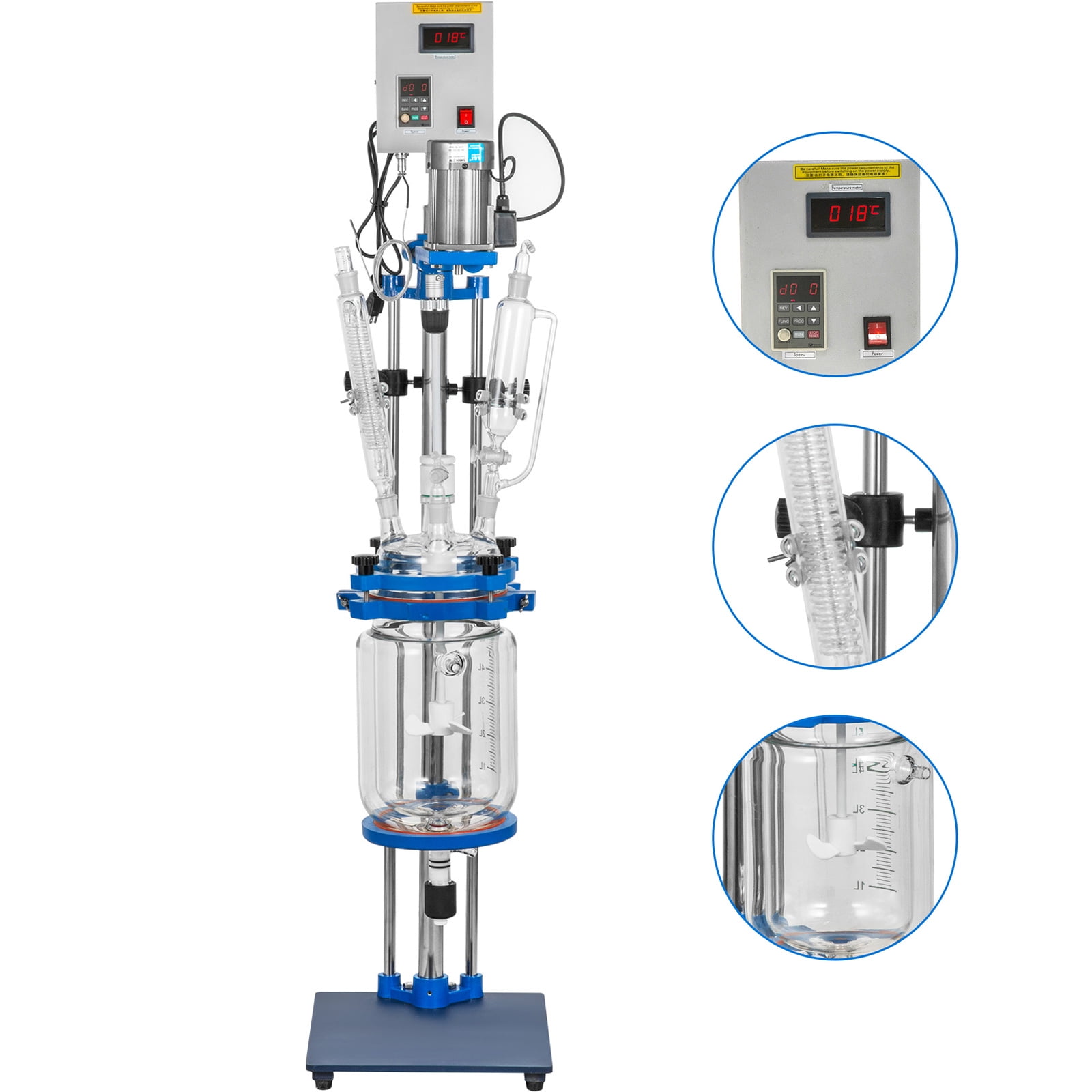 INTBUYING Jacketed Reactor 5L Laboratory Jacketed Glass Reactor Reaction Vessel Chemistry with Digital Display for Reaction Distillation 220V
