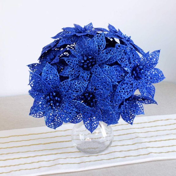 24 Pack Christmas  Glitter Poinsettia Flowers Picks Christmas Tree Ornaments 5.9" Wide for Gold Christmas Tree Wreaths Garland Holiday Seasonal Wedding Decorations