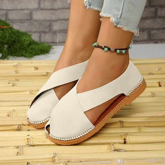 Gspmoly Ballet Flats Shoes for Women, Women's Fashion Casual Summer New Style Solid Color Outer Wear Heel French Retro Flat Bottom Hollow Beach Sandals Flats for Women White 38