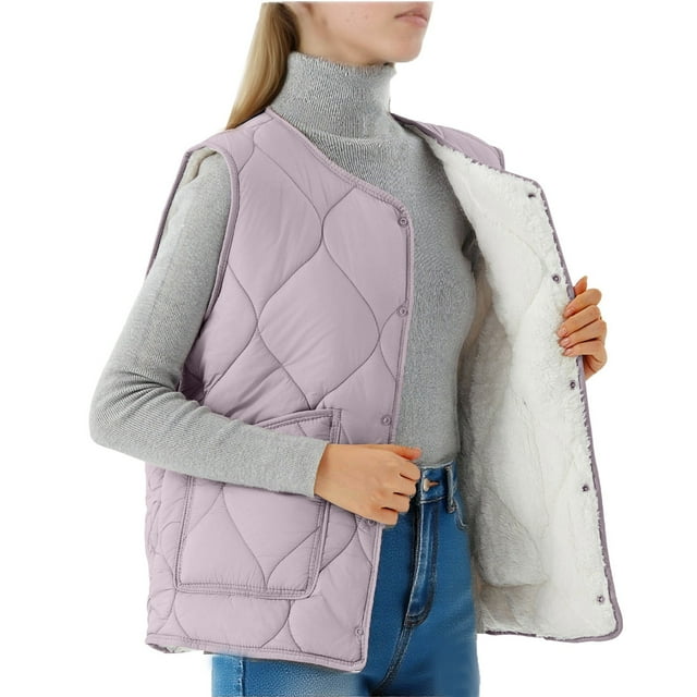 Mevxay Plus Size Puffer Vests for Women Button Down Sleeveless Fleece Jakcets Fall Spring V Neck Quilted Waistcoat with Pocket Purple M