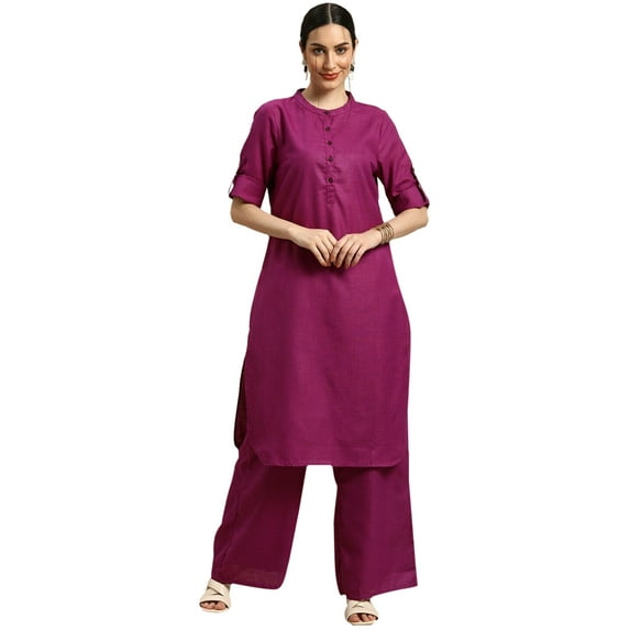 eloria Women's Fashion Solid Kurti With Palazzo, Fabric : Cotton, Color : Magenta, Size : X-Small