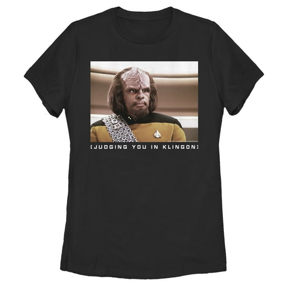 Women's Star Trek: The Next Generation Worf Judging You in Klingon  Graphic Tee Black Medium