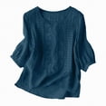thumbnail image 2 of KPOPLK Women's Casual Linen Tops Short Sleeve Scoop Neck Summer Blouses Cotton Blend Breathable Lightweight Loose Fit Tee Shirts for Beach M,Dark Blue, 2 of 8