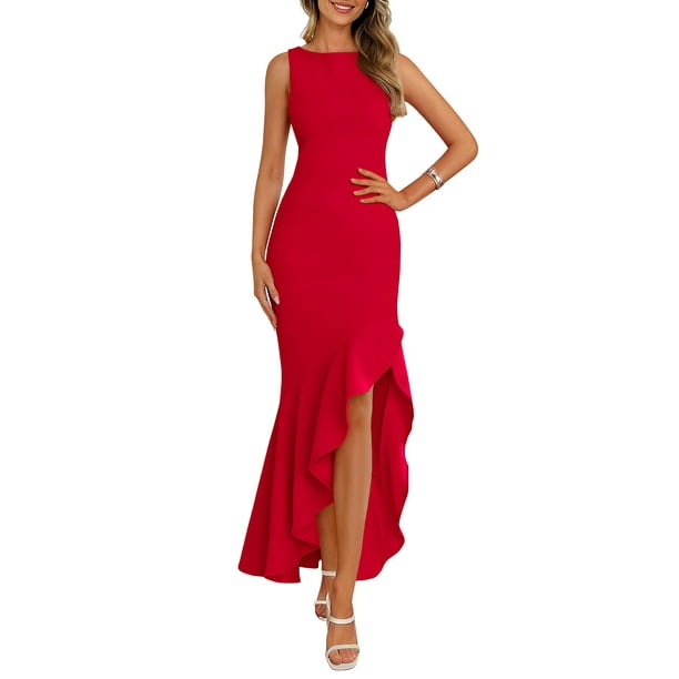 Vestido largo PRETTYGARDEN para mujer 2025, sin mangas, con volantes, rojo