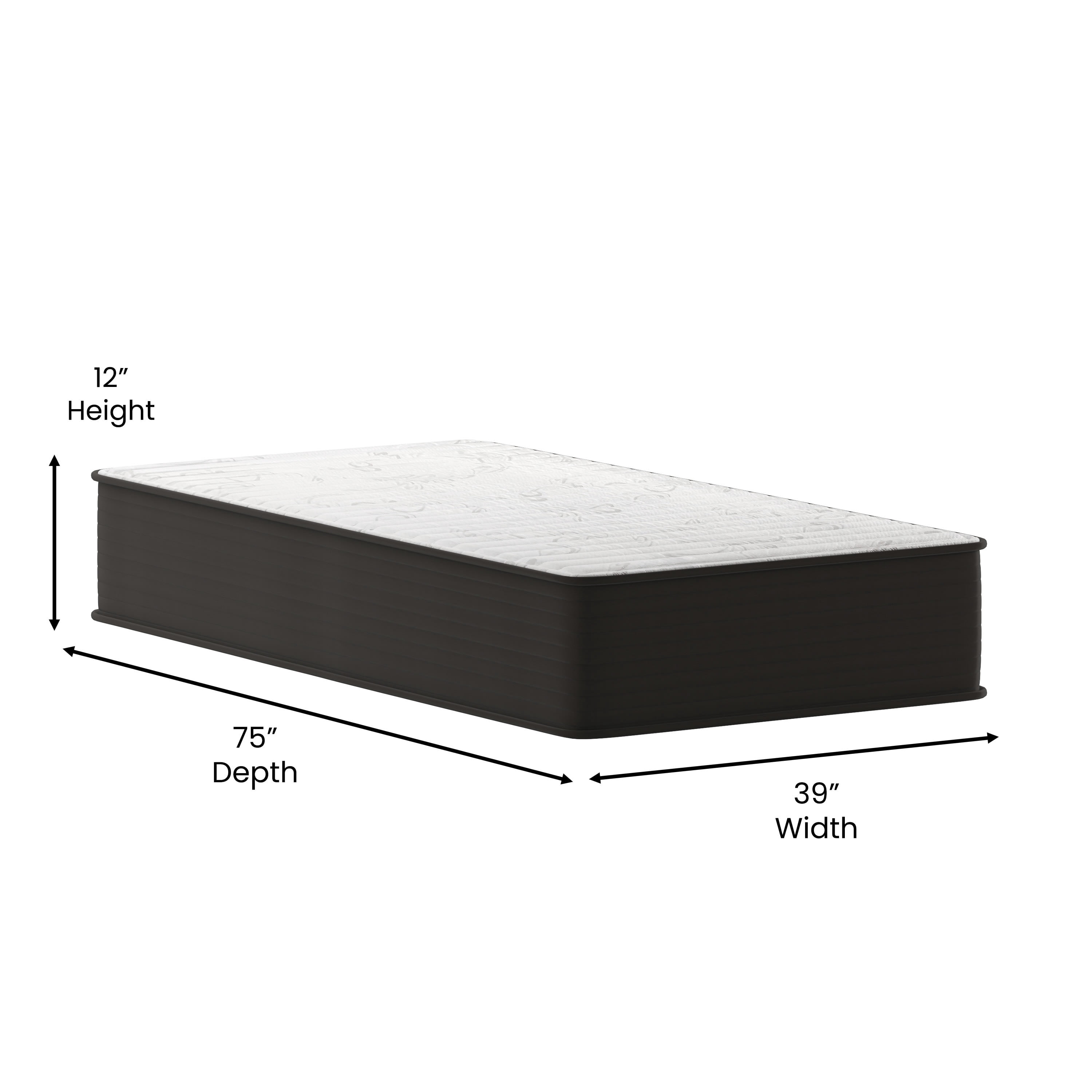 BizChair 12 Inch Hybrid Mattress, Twin Size High Density Foam and Pocket Spring Mattress in a Box, CertiPur-US Certified Foam, White/Black