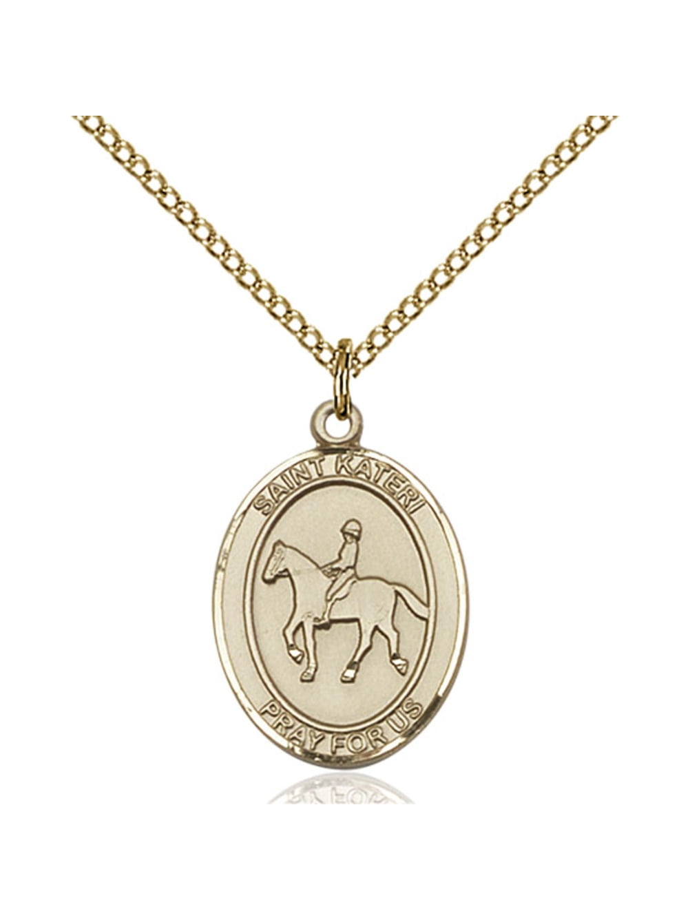 Gold Filled St. Kateri / Equestrian Pendant 3/4 x 1/2 inches with Gold Filled Lite Curb Chain