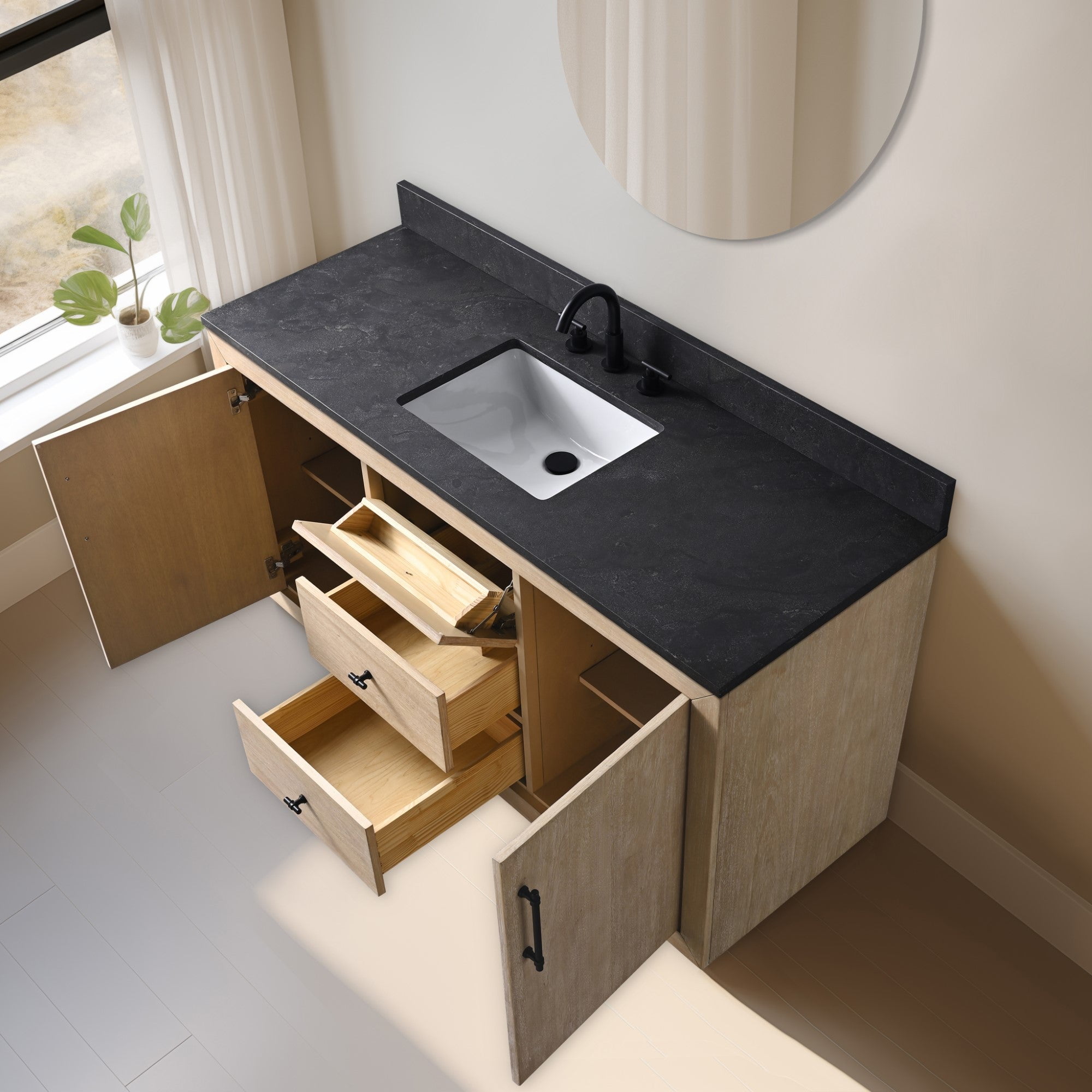 Vanity Art 60" Single Bathroom Vanity with Sink, Freestanding Bath Storage Cabinet with Black Limestone Top