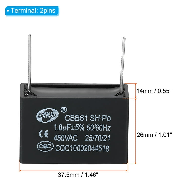 CBB61 Ceiling Fan Capacitor, 2pack 1.8uF 450V AC 50/60HZ