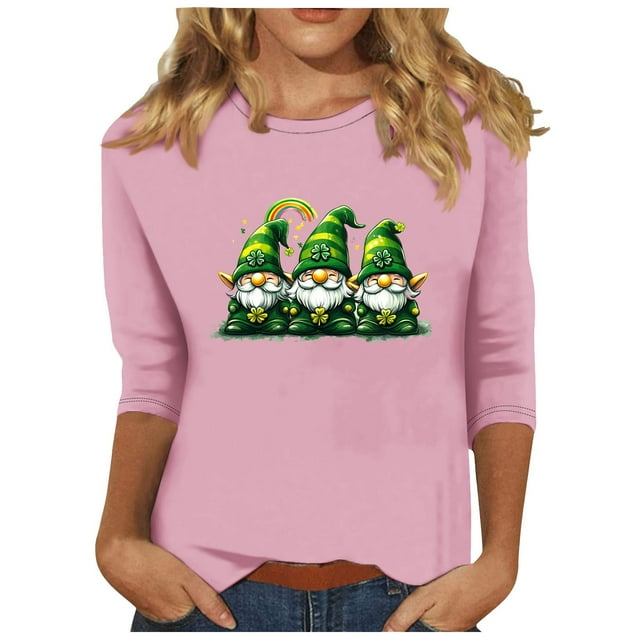 Hauts pour Femmes 2025 Blouses d'Été Mode Imprimé St. Patrick Décontracté Col Rond Manches 7 Pouces Blouses pour Femmes Manches 3/4 Rose m